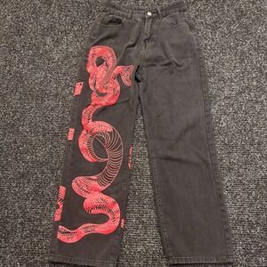 Unbranded Black Snake Print Denim Jeans Red Graphic Straight Leg Mens Size S